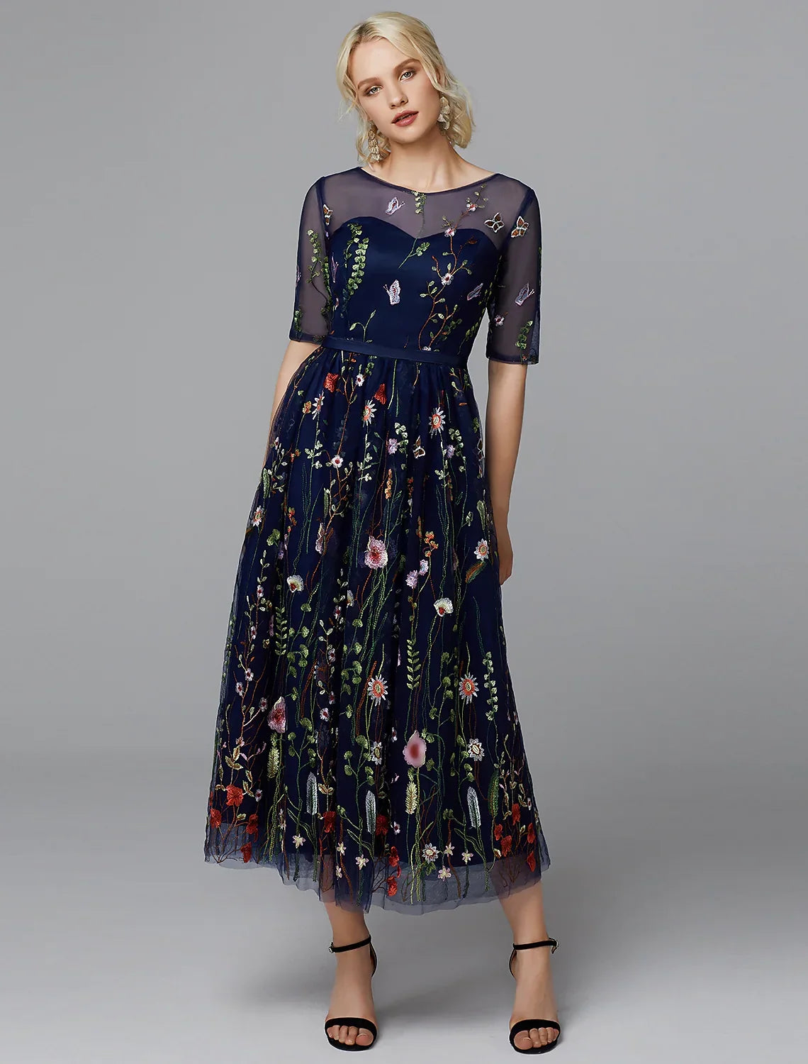 White Dress Holiday Half Sleeve with Embroidery Appliques