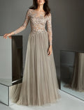 Evening Gown Elegant Dress Wedding Guest Formal Evening Sweep / Brush Train Long Sleeve Illusion Neck with Pleats Appliques