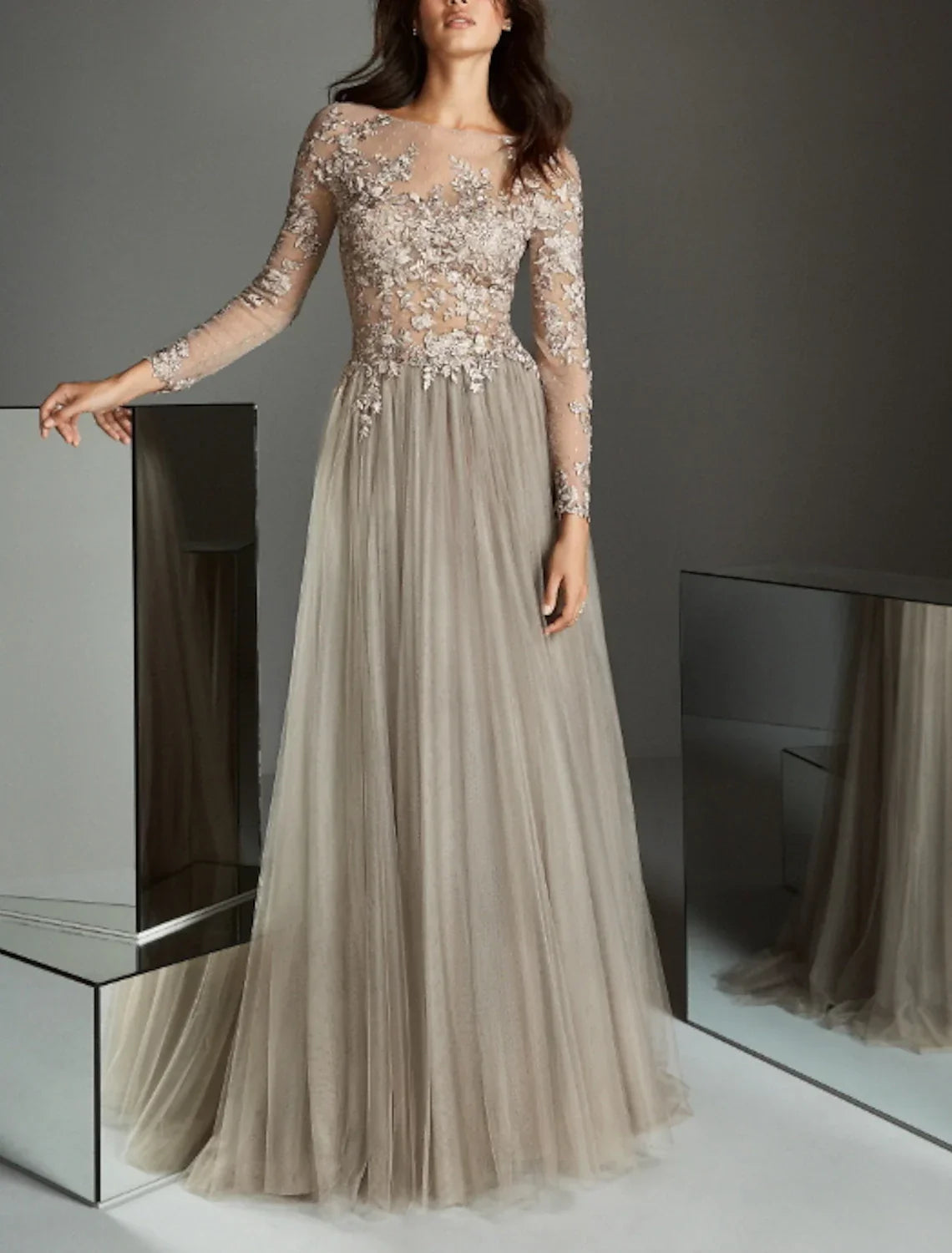 Evening Gown Elegant Dress Wedding Guest Formal Evening Sweep / Brush Train Long Sleeve Illusion Neck with Pleats Appliques