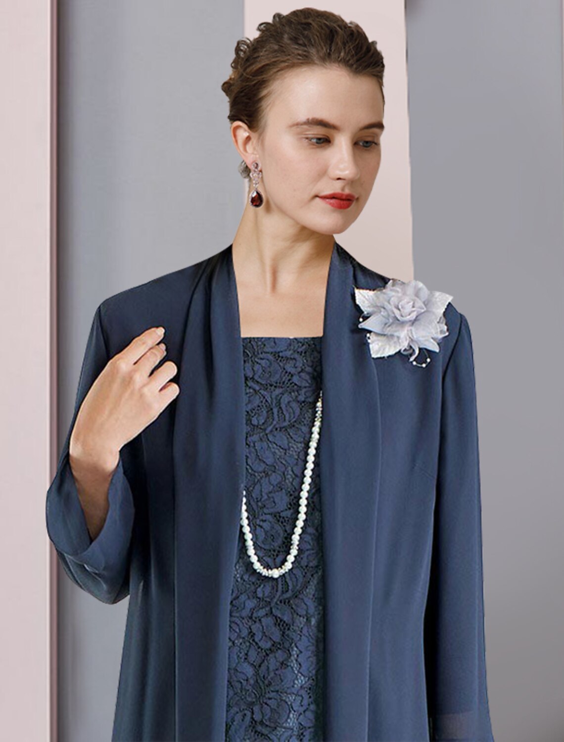 Two Piece Sheath / Column Mother of the Bride Dress Formal Wedding Guest Elegant Scoop Neck Tea Length 3/4 Length Sleeve Jacket Dresses with Flower