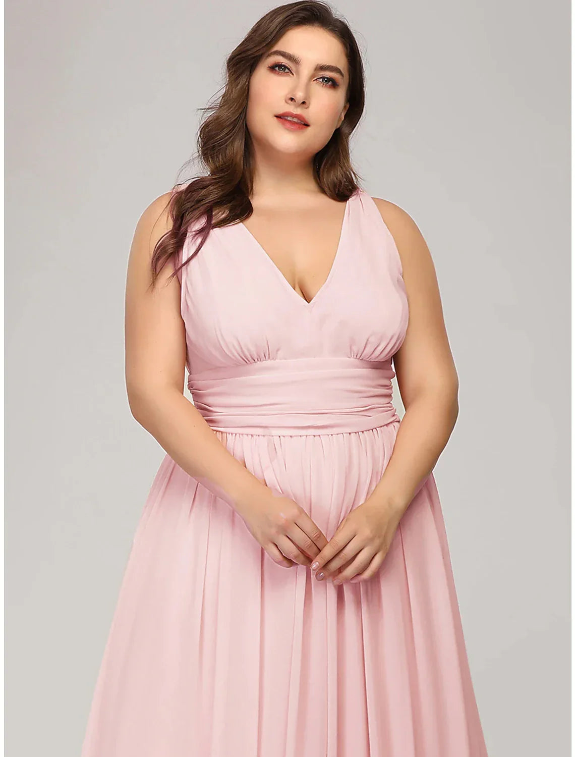 Plus Size Wedding Formal Evening Dress V Neck V Back Sleeveless Floor Length with Pleats