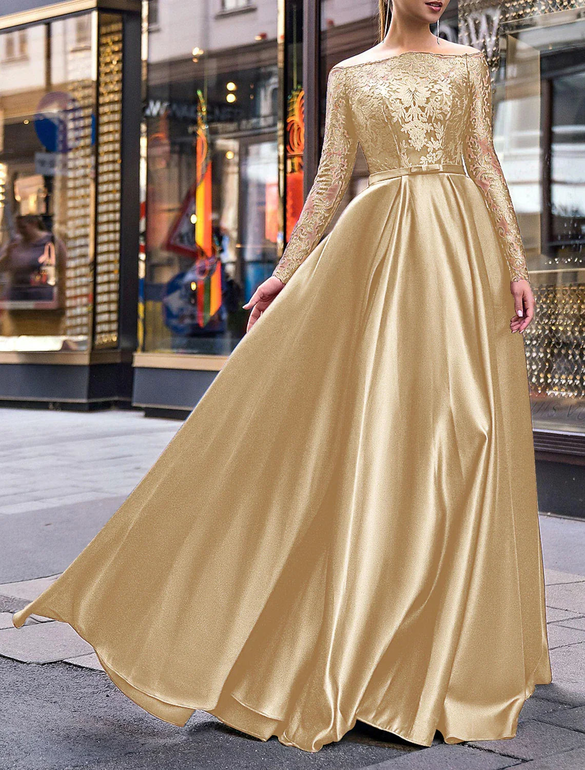 Green Evening Gown Party Dress Christmas Red Dress Elegant Dress Wedding Guest Fall Floor Length Long Sleeve Off Shoulder Belt / Sash with Appliques