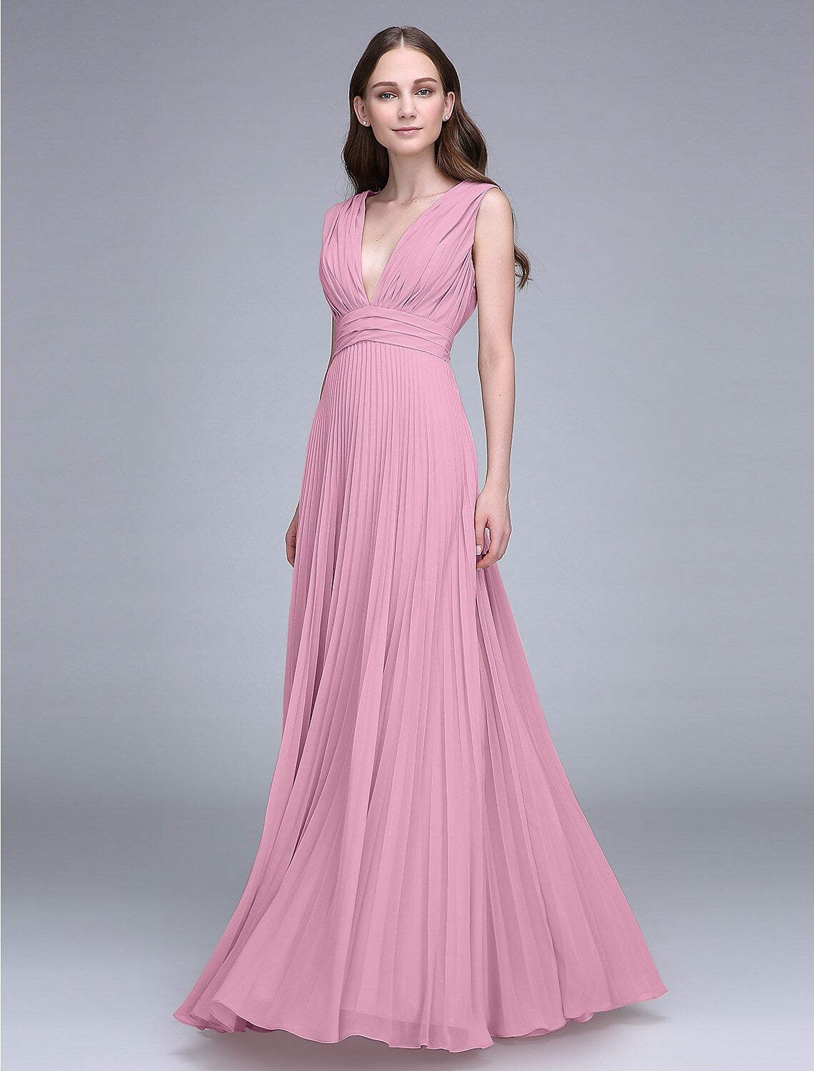 Bridesmaid Dress V Neck Sleeveless Elegant Floor Length with Ruched