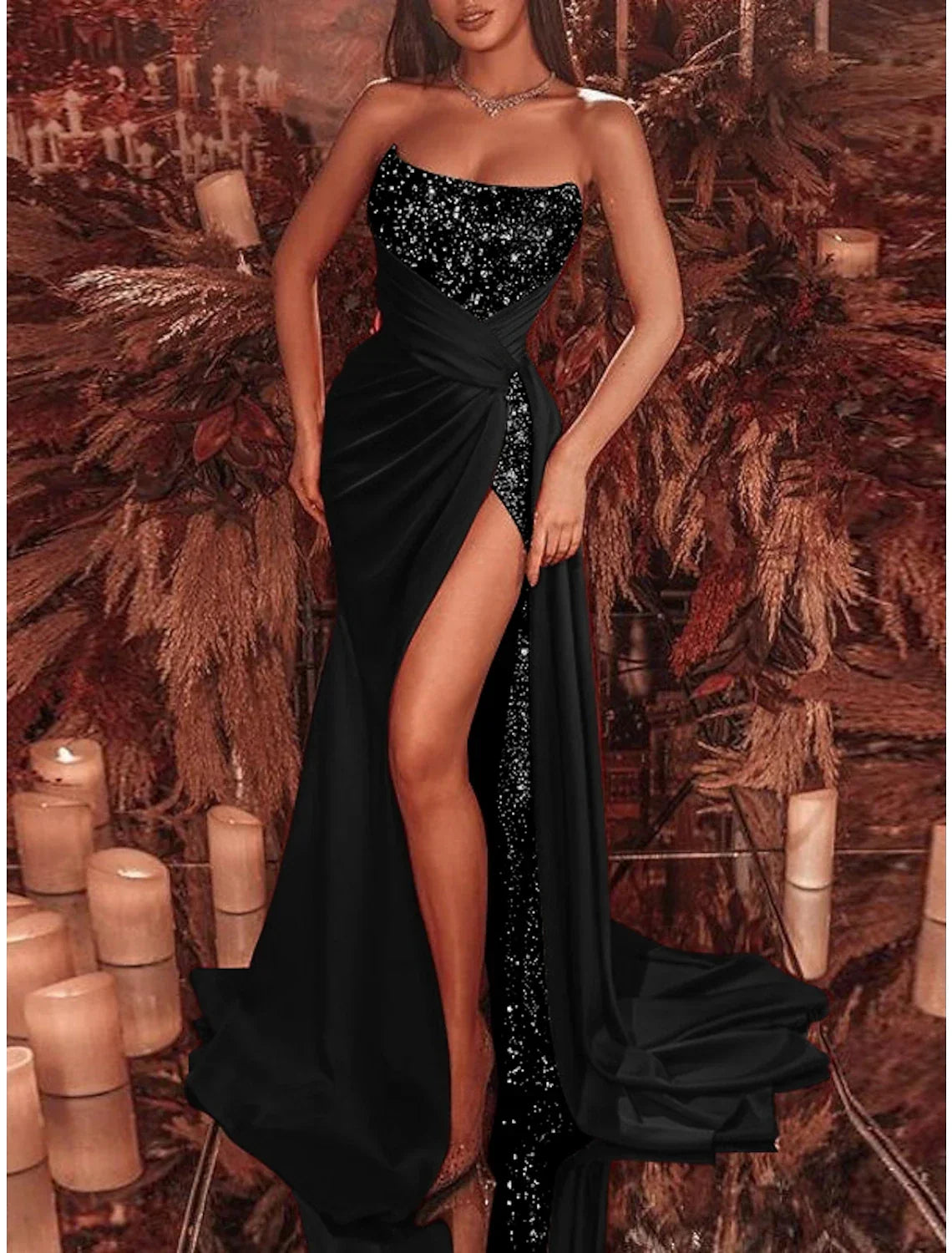Black Sheath Dress Evening Gown Celebrity Style Dress Formal Court Train Sleeveless Strapless with Ruched