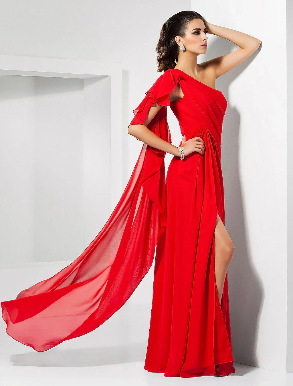 Sheath / Column Empire Wedding Guest Formal Evening Dress One Shoulder Sleeveless Floor Length with Draping Slit