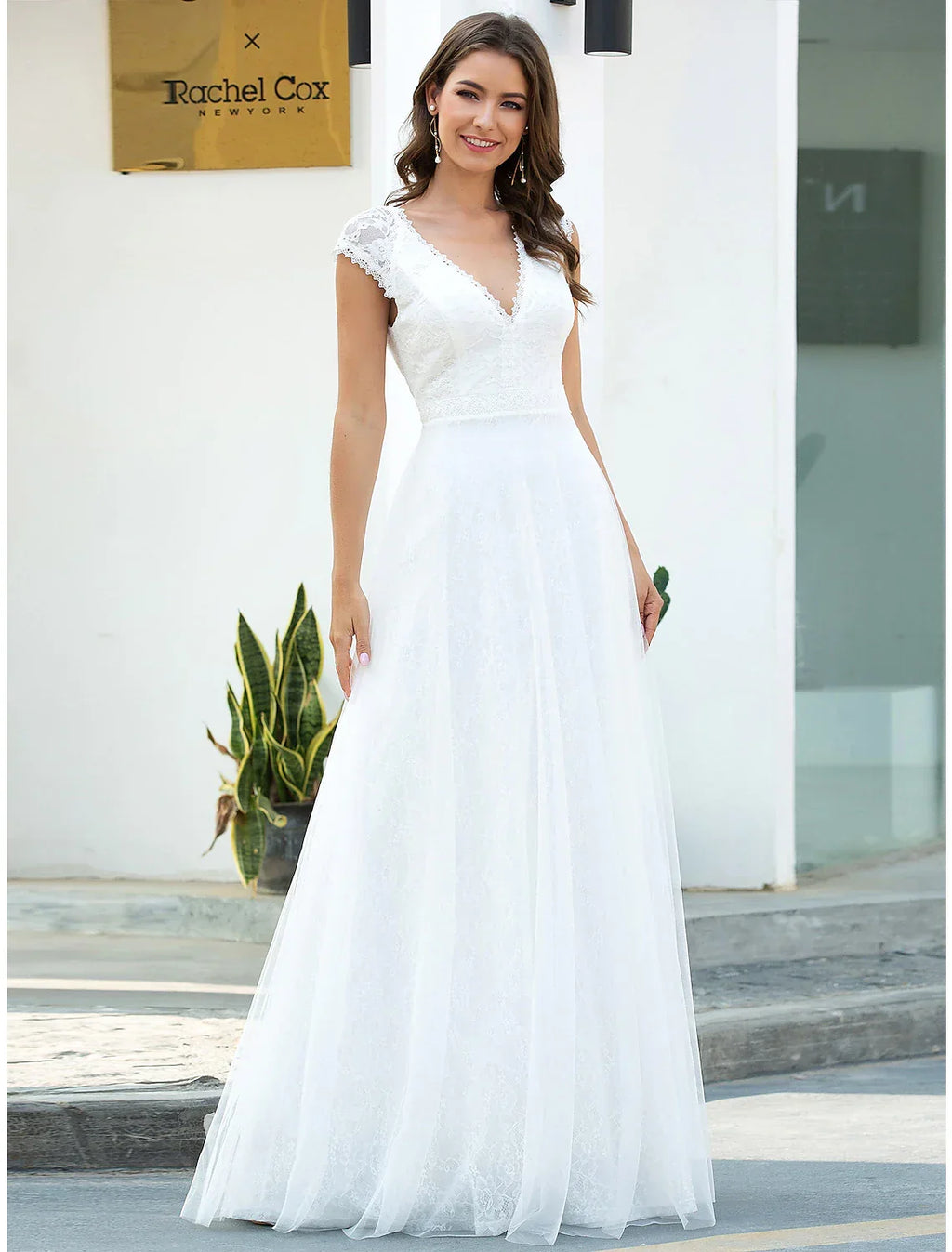 Beach Wedding Dresses Floor Length A-Line Short Sleeve V Neck