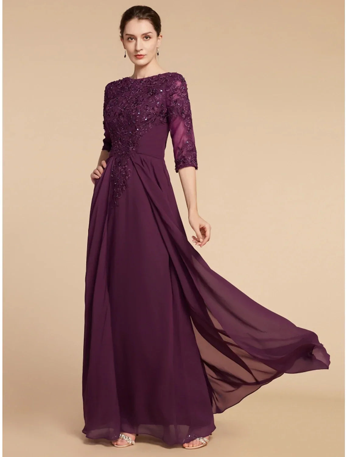 Sheath / Column Mother of the Bride Dress Wedding Guest Elegant Scoop Neck Floor Length Half Sleeve with Pleats