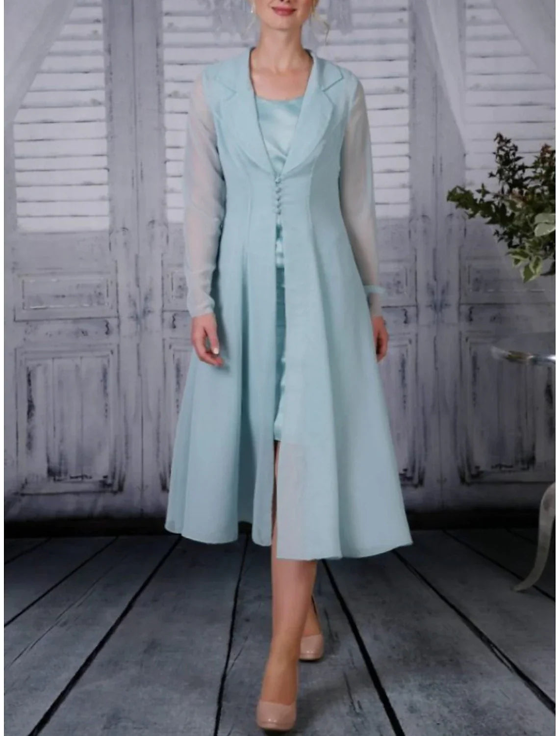 Two Piece A-Line Mother of the Bride Dress Wedding Guest Simple Elegant Shirt Collar Tea Length Long Sleeve with Pleats Solid Color