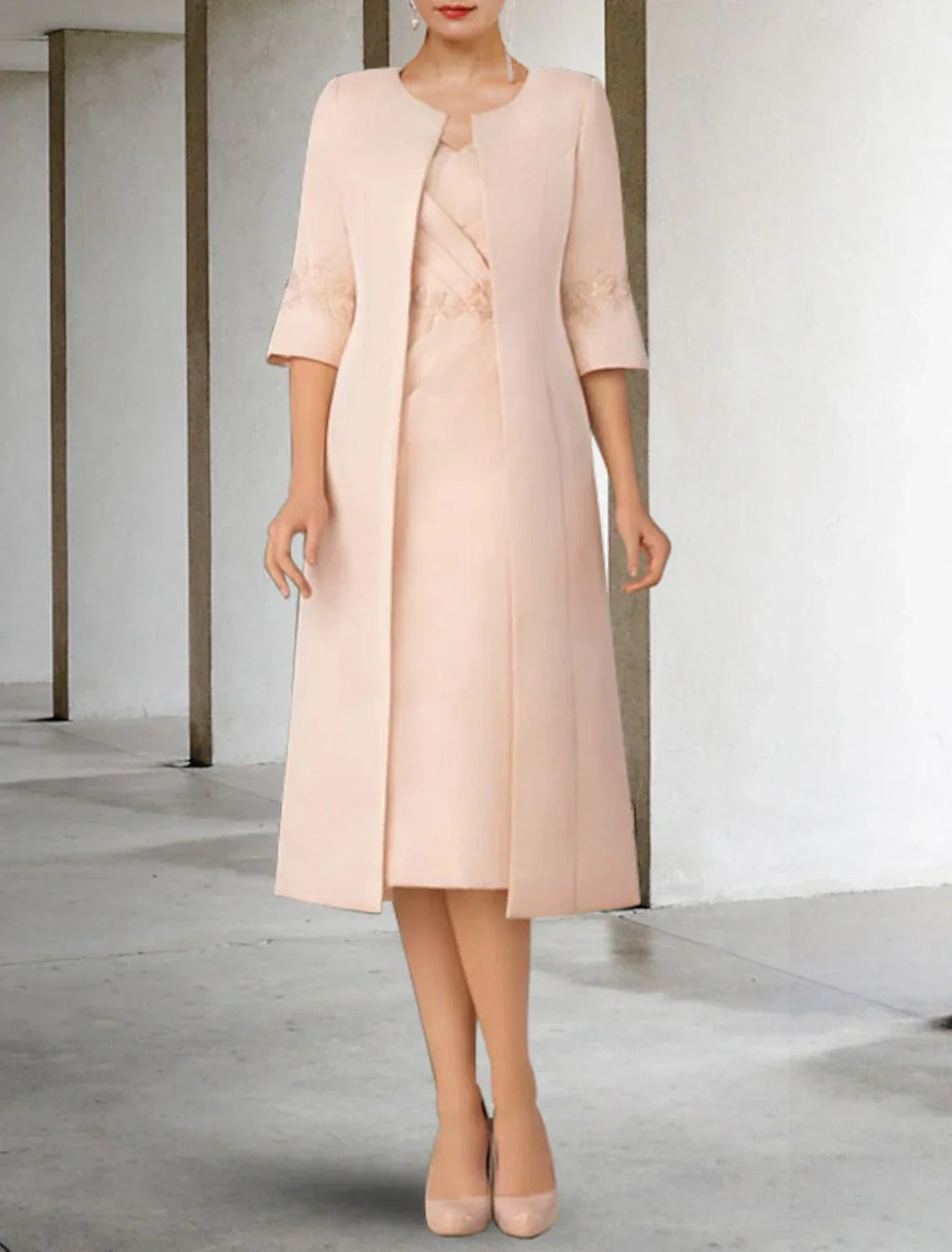 Two Piece Sheath / Column Mother of the Bride Dress Church Elegant Winter With Jacket Short Sleeve V Neck Knee Length Appliques Side-Draped