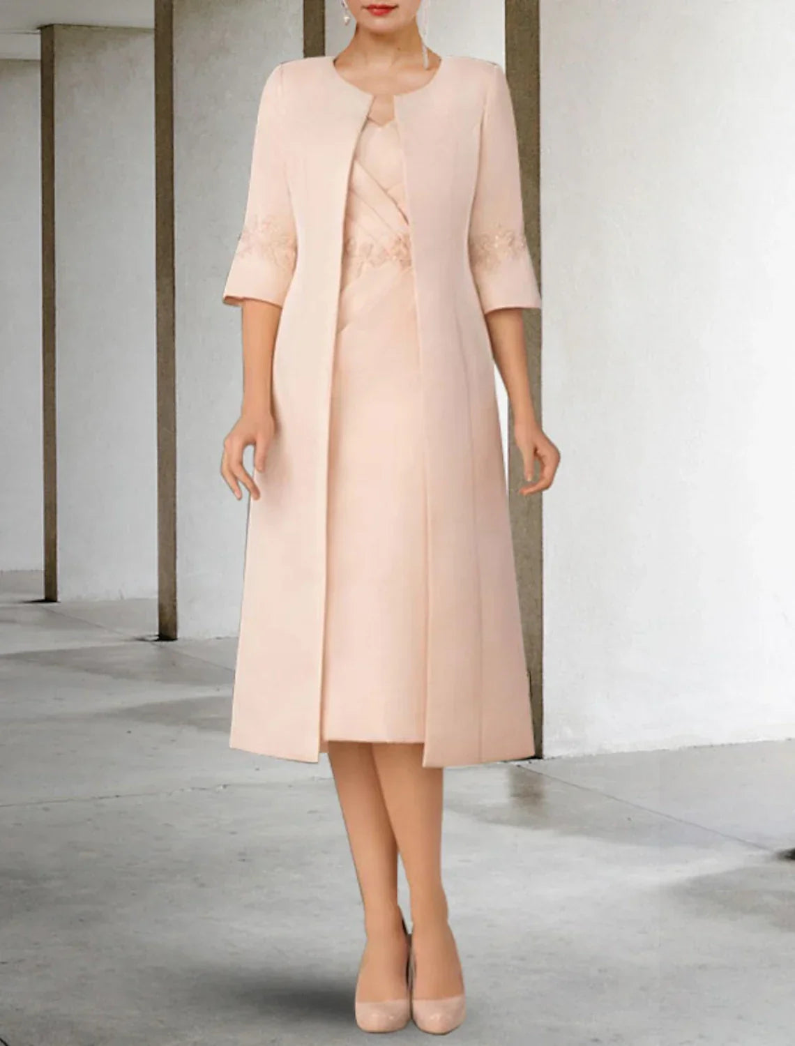 Two Piece Sheath / Column Mother of the Bride Dress Church Elegant Winter With Jacket Short Sleeve V Neck Knee Length Appliques Side-Draped