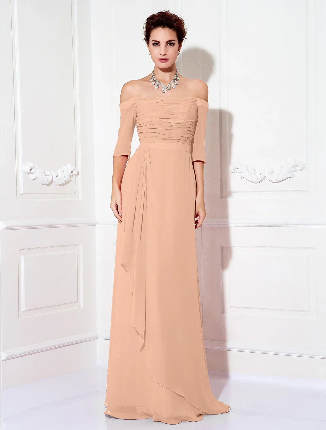 Sheath / Column Minimalist Dress Wedding Guest Sweep / Brush Train Half Sleeve Off Shoulder with Ruched Draping