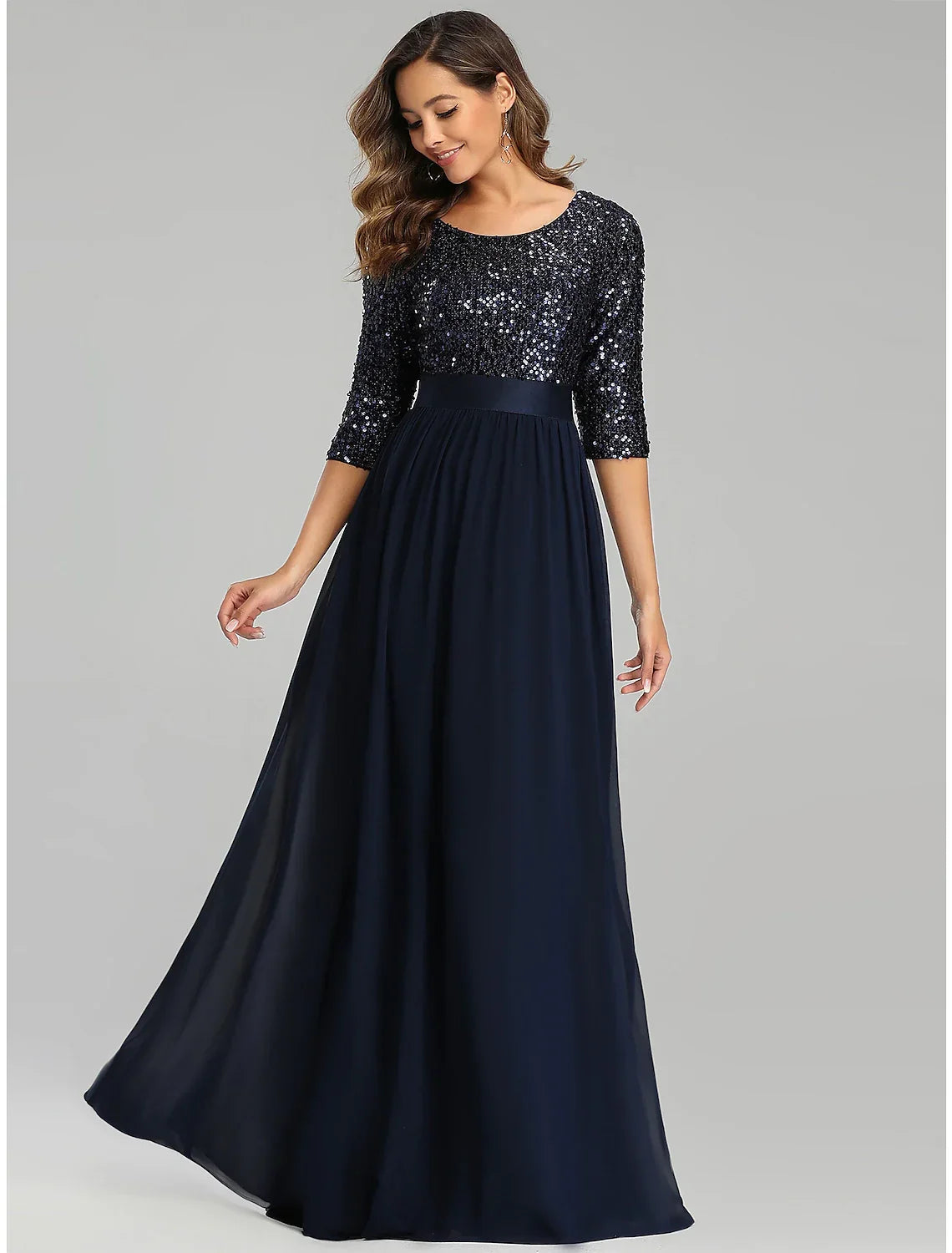 Wedding Guest Formal Evening Dress Jewel Neck 3/4 Length Sleeve Floor Length
