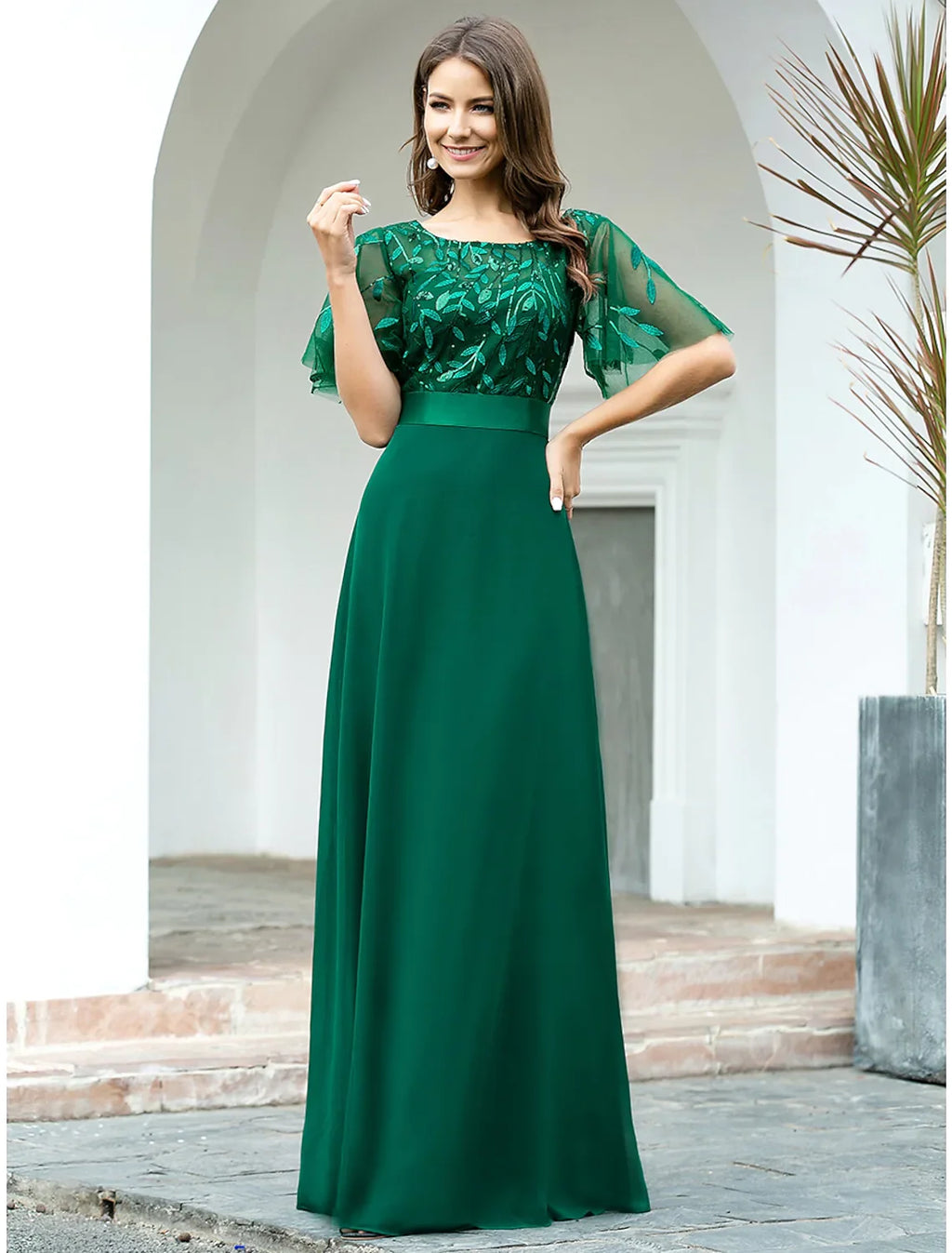 Evening Party Floor Length Short Sleeve V Back