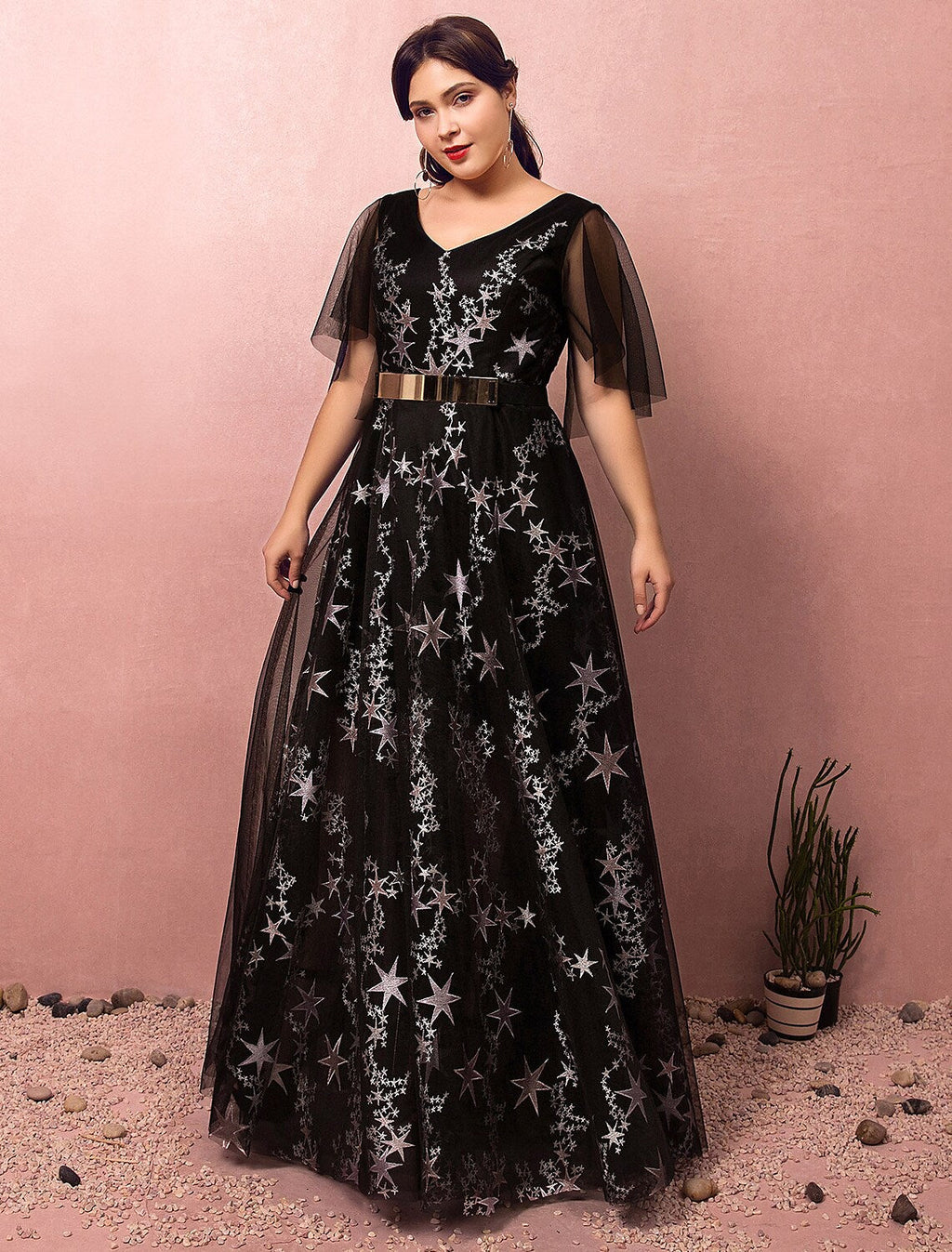Plus Size Prom Formal Evening Dress V Neck Half Sleeve Floor Length with Sash Ribbon Pleats