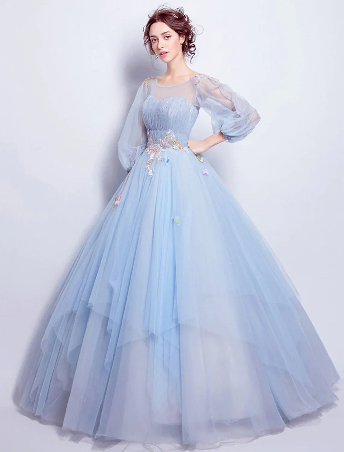 Floral Puffy Engagement Dress Neck Length SleeveFloor Length with Pleats Appliques