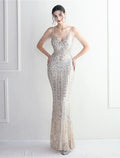 Mermaid / Trumpet Evening Gown Sparkle & Shine Dress Formal Floor Length Short Sleeve Spaghetti Strap with Beading