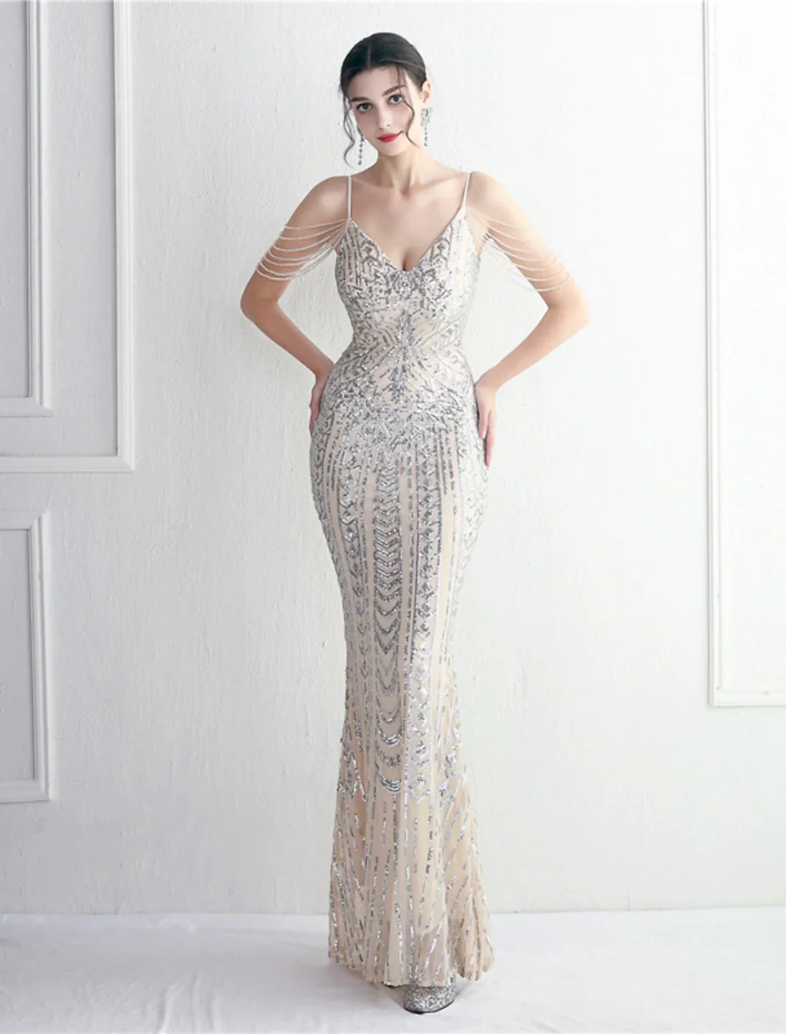 Mermaid / Trumpet Evening Gown Sparkle & Shine Dress Formal Floor Length Short Sleeve Spaghetti Strap with Beading