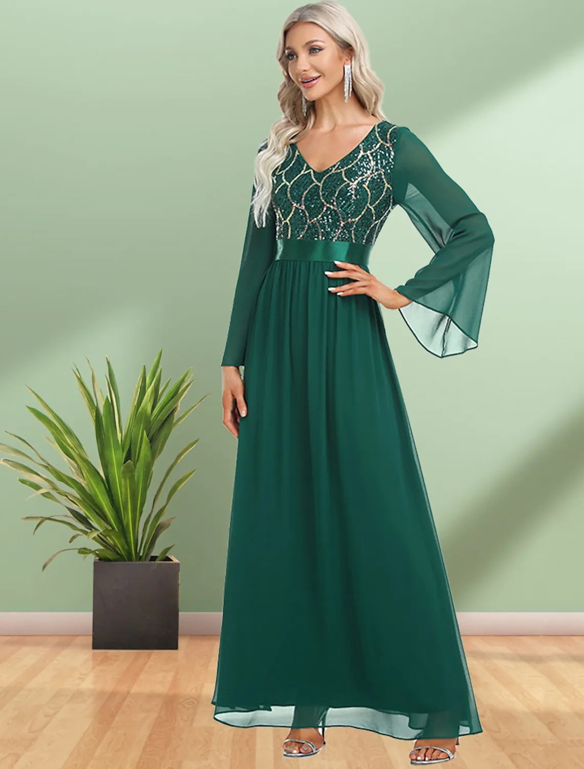 Evening Gown Elegant Dress Party Wear Floor Length Long Sleeve V Neck