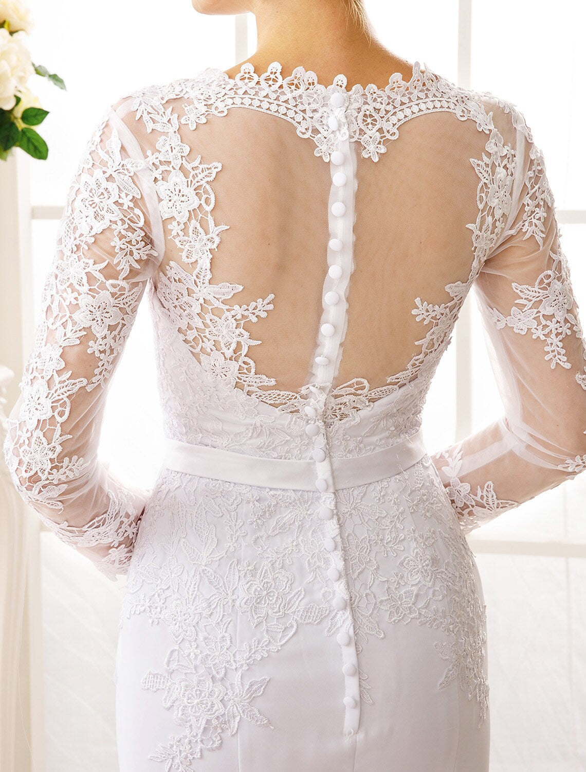 Engagement Open Back Formal Wedding Dresses Long Sleeve V Neck Sash Appliques
