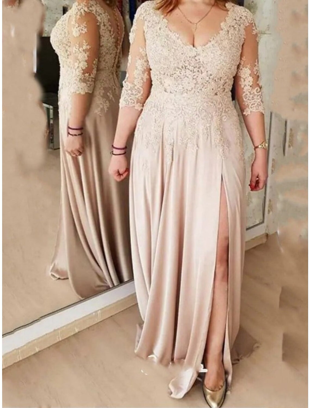 Sheath / Column Mother of the Bride Dress Vintage Elegant V Neck Sweep / Brush Train Charmeuse 3/4 Length Sleeve with Split Front