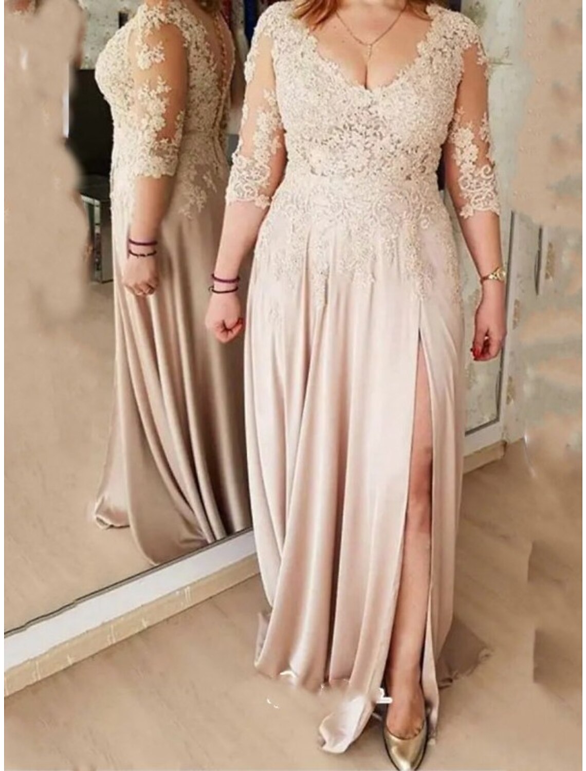 Sheath / Column Mother of the Bride Dress Vintage Elegant V Neck Sweep / Brush Train Charmeuse 3/4 Length Sleeve with Split Front