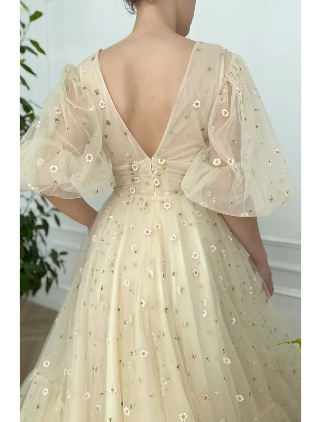 Floral Dress Formal Wedding Guest Ankle Length Half Sleeve V Neck V Back with Pleats Ruched