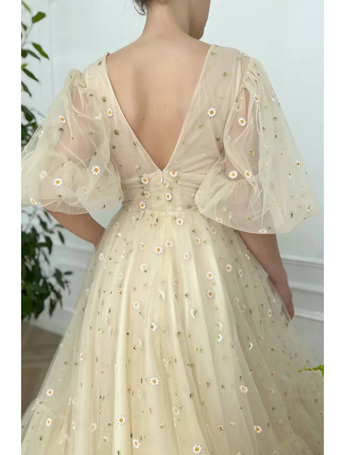 Floral Dress Formal Wedding Guest Ankle Length Half Sleeve V Neck V Back with Pleats Ruched