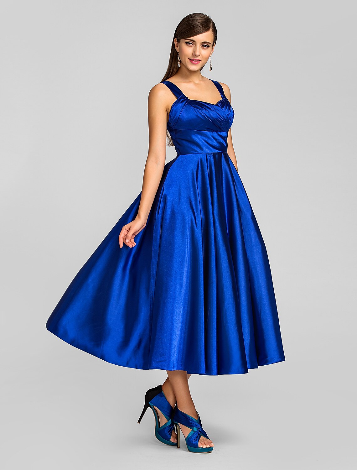 Minimalist Dress Wedding Guest Tea Length Sleeveless Square Neck with Criss Cross