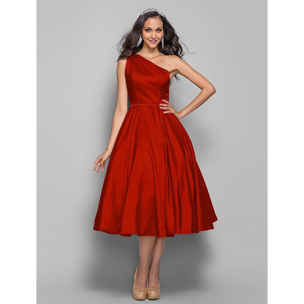 Minimalist Elegant Cocktail Party Wedding Party Dress One Shoulder Sleeveless Tea Length Taffeta with Sash / Ribbon