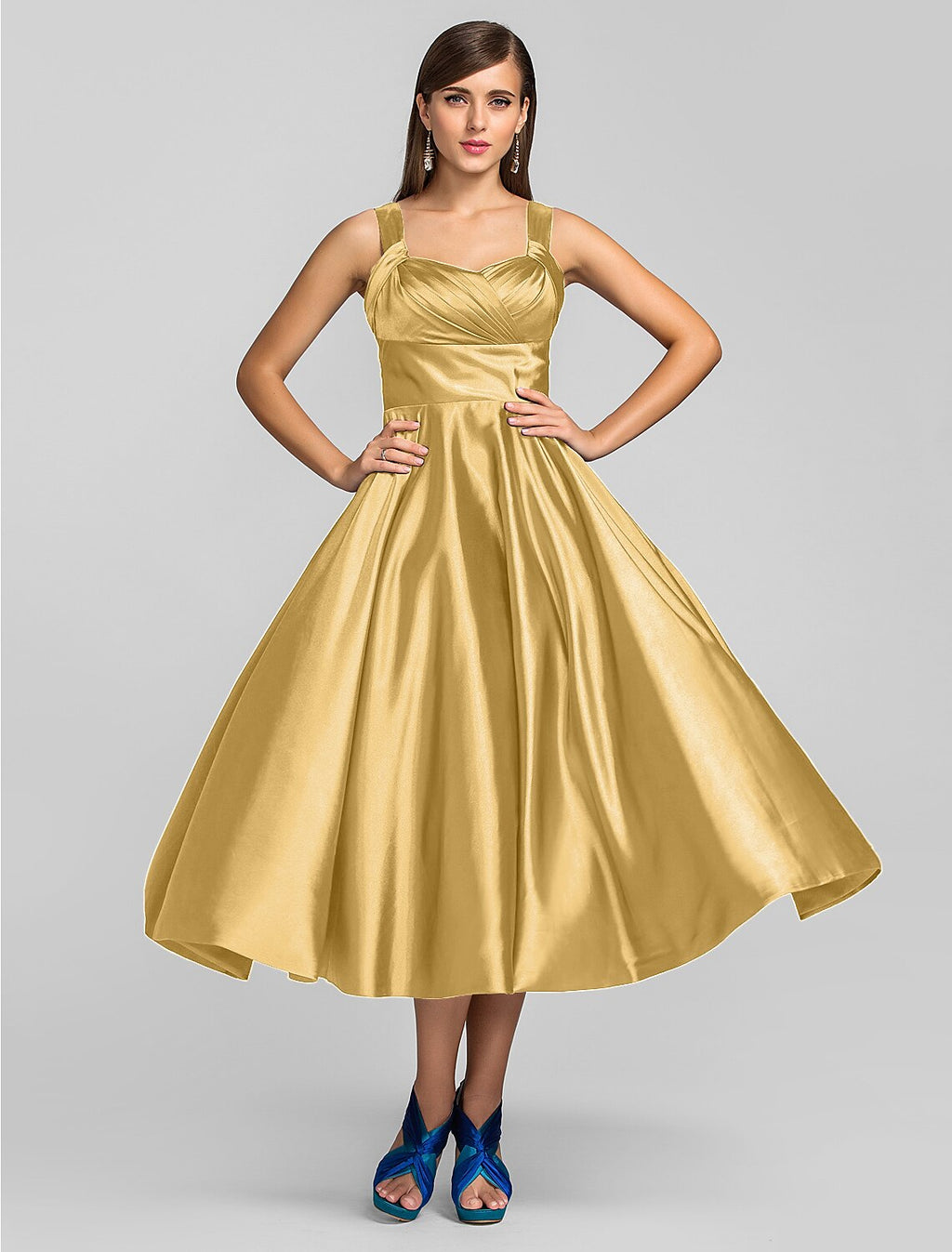Minimalist Dress Wedding Guest Tea Length Sleeveless Square Neck with Criss Cross