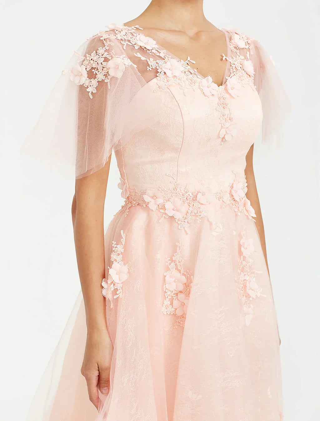 Wedding Guest Tea Length Short Sleeve V Neck with Appliques
