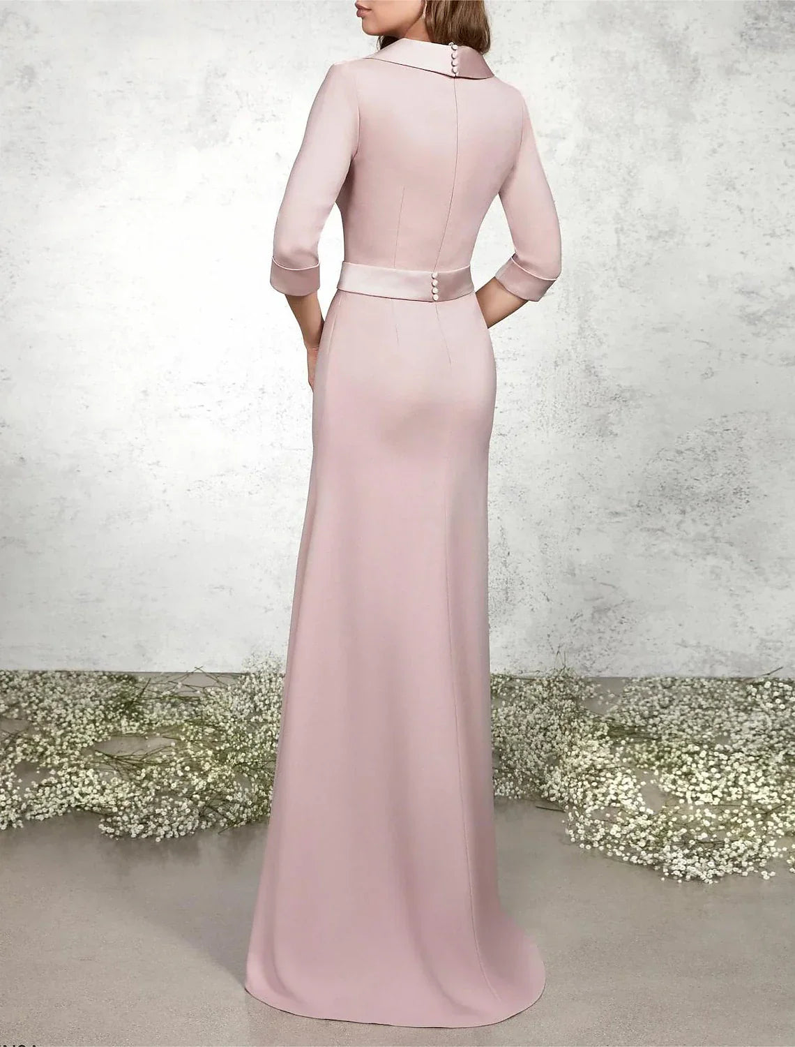 Mermaid / Trumpet Mother of the Bride Dress Formal Wedding Guest Elegant V Neck Floor Length Half Sleeve with Sash / Ribbon Bow(s) Buttons