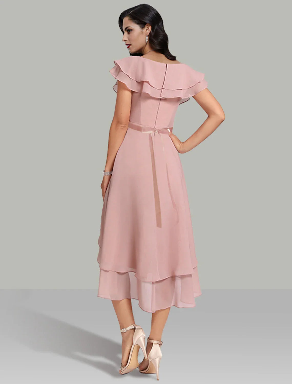 Wedding Guest Dresses Tiered Plisse Dress Cocktail Party Semi Formal Tea Length Short Sleeve V Neck Belt / Sash with Beading