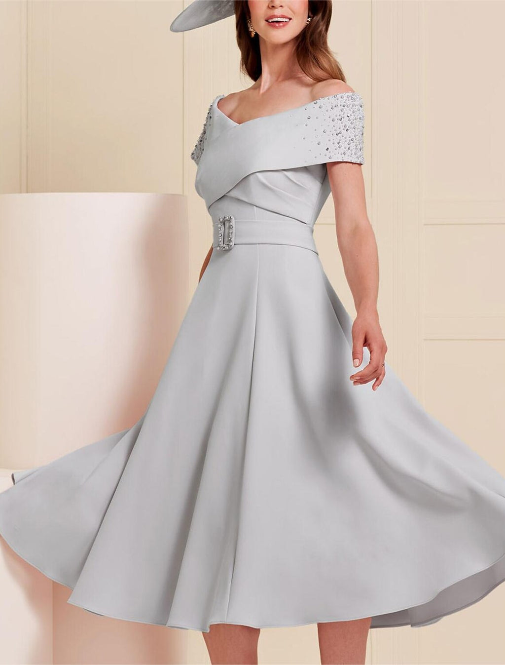 Mother of the Bride Dress Wedding Guest Elegant Off Shoulder Tea Length Fabric Short Sleeve with Sash / Ribbon Beading Solid Color