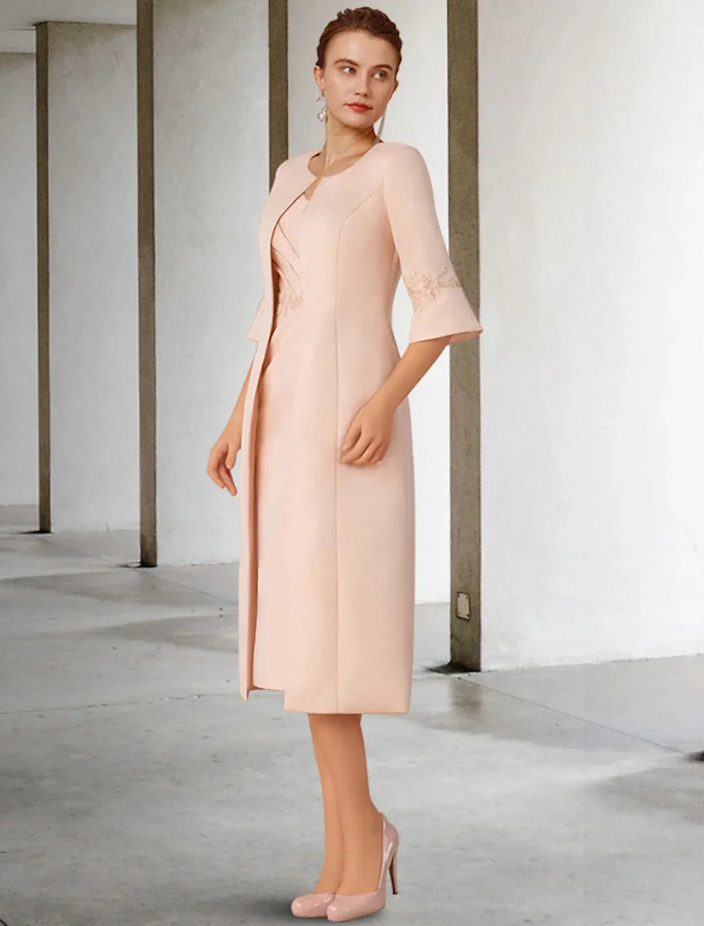 Two Piece Sheath / Column Mother of the Bride Dress Church Elegant Winter With Jacket Short Sleeve V Neck Knee Length Appliques Side-Draped