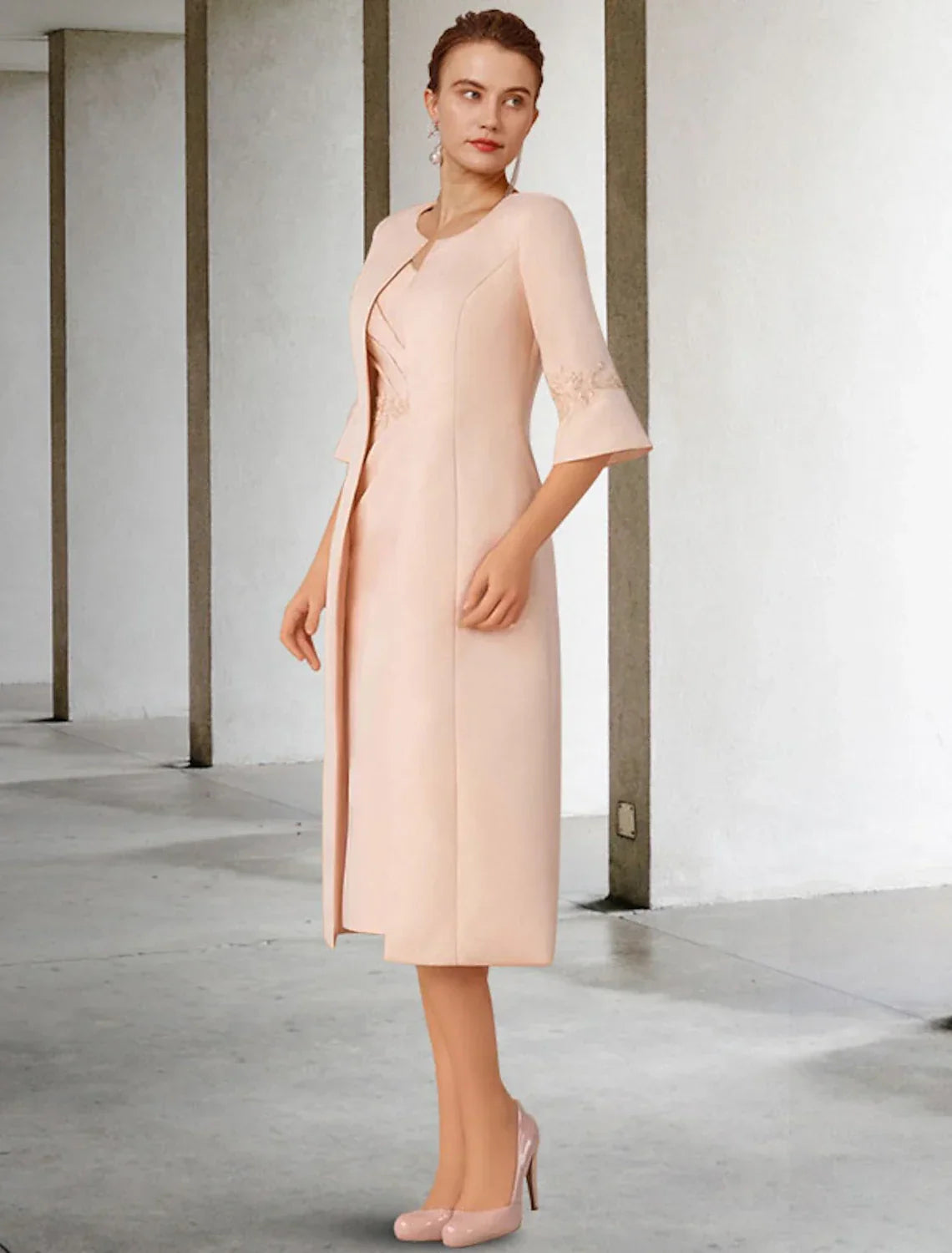 Two Piece Sheath / Column Mother of the Bride Dress Church Elegant Winter With Jacket Short Sleeve V Neck Knee Length Appliques Side-Draped