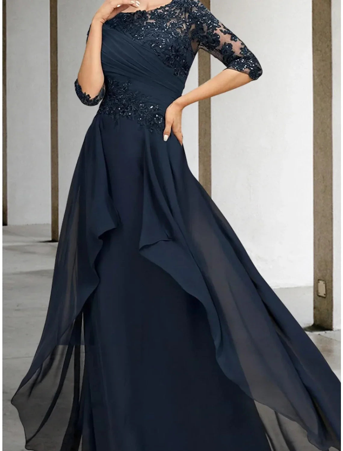 Mother of the Bride Dress Wedding Guest Elegant Scoop Neck Floor Length Half Sleeve with Ruching Solid Color
