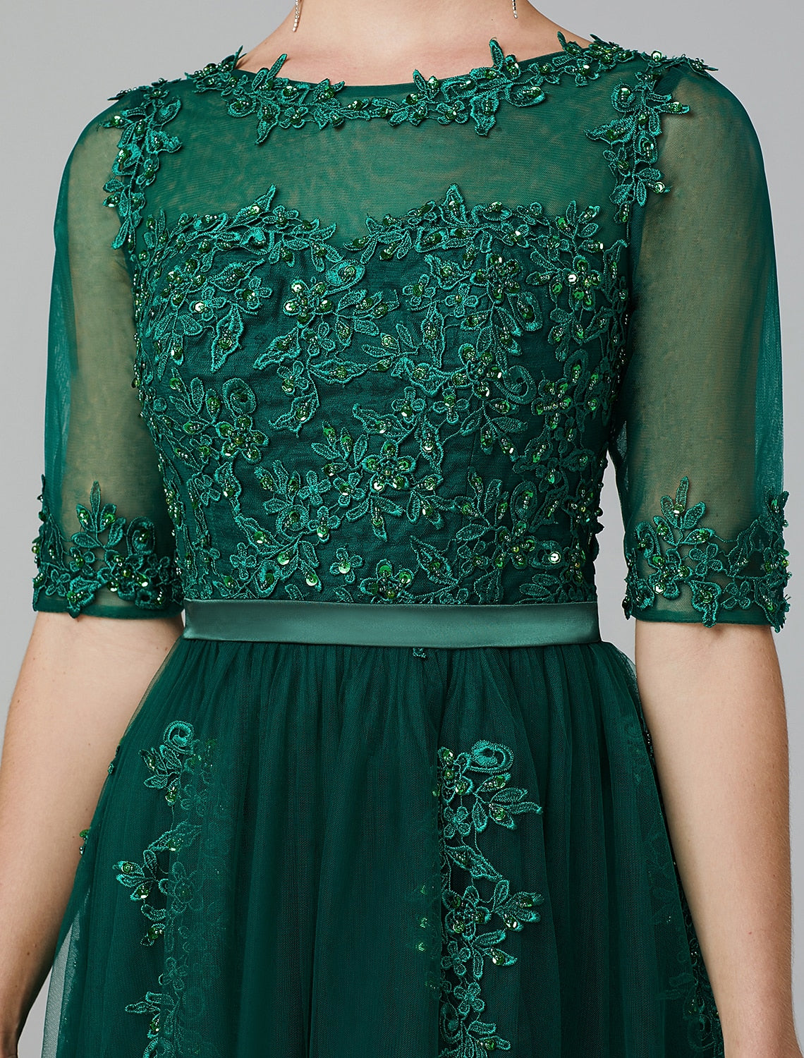 Sparkle Dress Formal Evening Tea Length Sleeveless Illusion Neck Fall Wedding Guest Over with Appliques