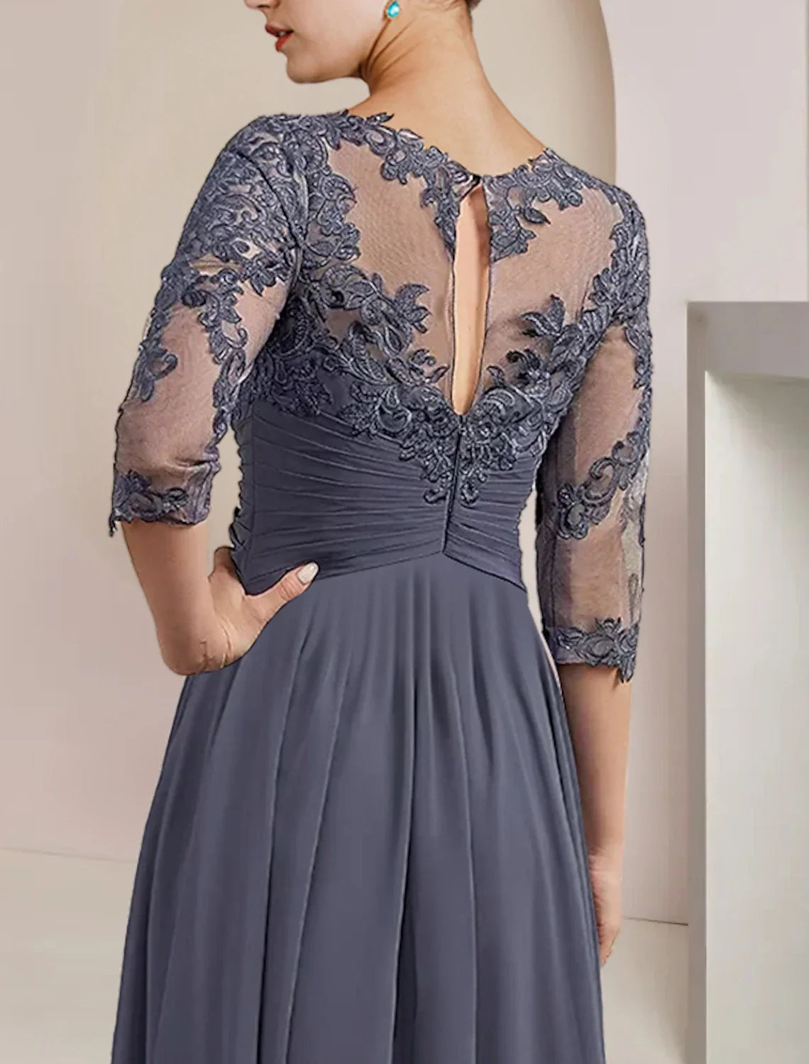 Two Piece A-Line Mother of the Bride Dress Formal Wedding Guest Elegant Scoop Neck Tea Length 3/4 Length Sleeve Wrap Included with Appliques Ruching