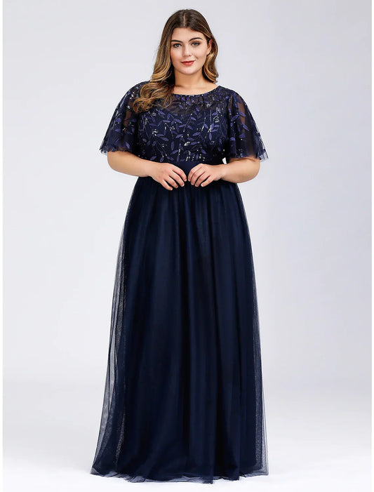 Elegant Red A-Line Classic-Neck Short-Sleeve Classic-Back Floor-Length Prom Dress