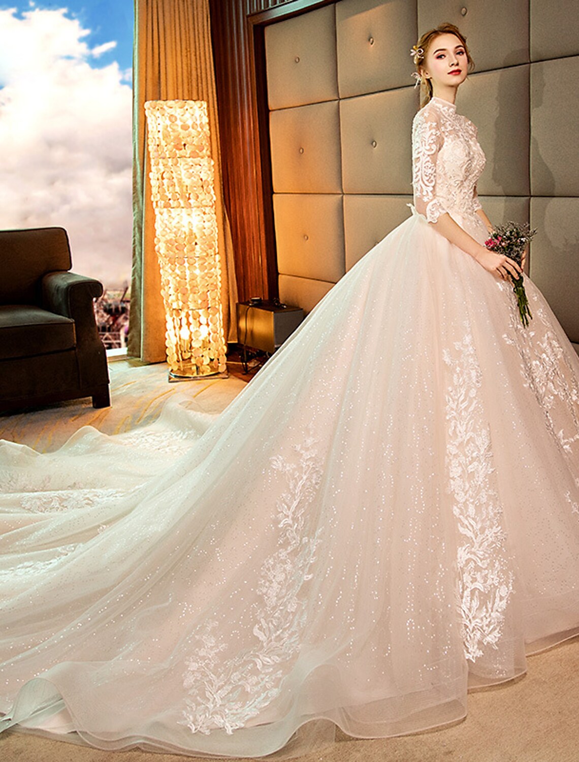 Engagement Open Back Formal Wedding Dresses Princess Long Sleeve High Neck With Appliques