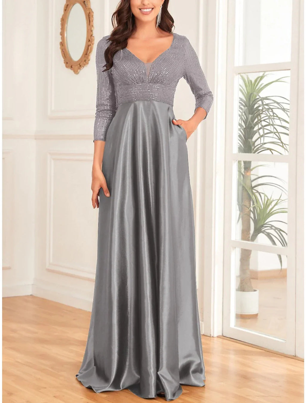 Mother of the Bride Dress Wedding Guest Elegant V Neck Floor Length 3/4 Length Sleeve with Ruching