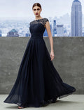 Evening Gown Dress Wedding Guest Floor Length Short Sleeve Boat Neck with Ruched