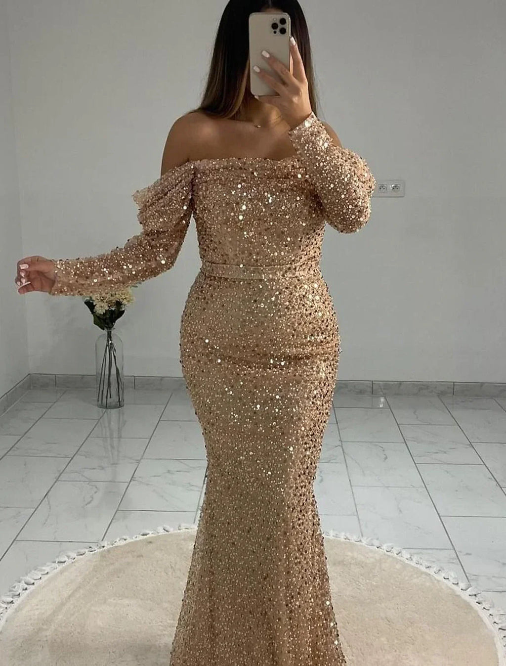 Black Mermaid / Trumpet Evening Gown Elegant Dress Wedding Tie Floor Length Long Sleeve Off Shoulder with Pearls
