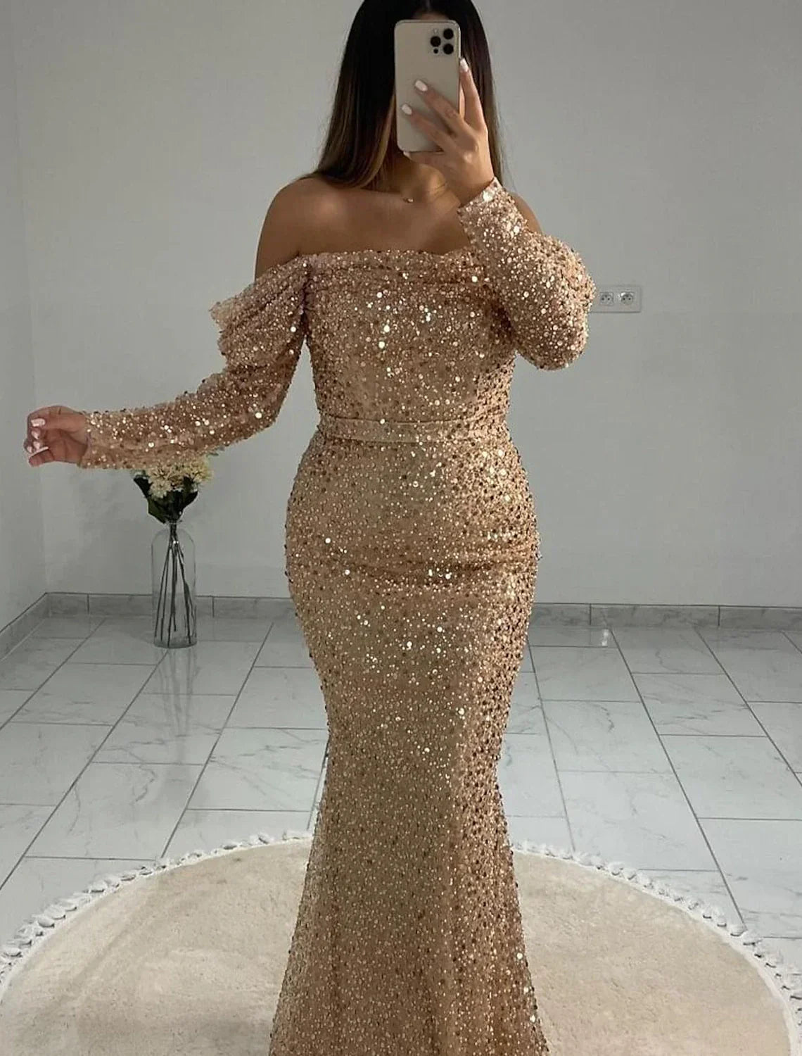 Black Mermaid / Trumpet Evening Gown Elegant Dress Wedding Tie Floor Length Long Sleeve Off Shoulder with Pearls