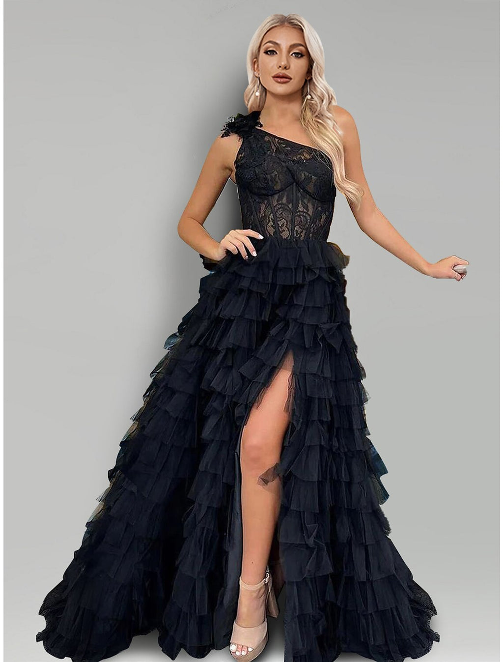 Evening Gown Floral Dress Wedding Party Sweep / Brush Train Sleeveless One Shoulder with Slit Appliques