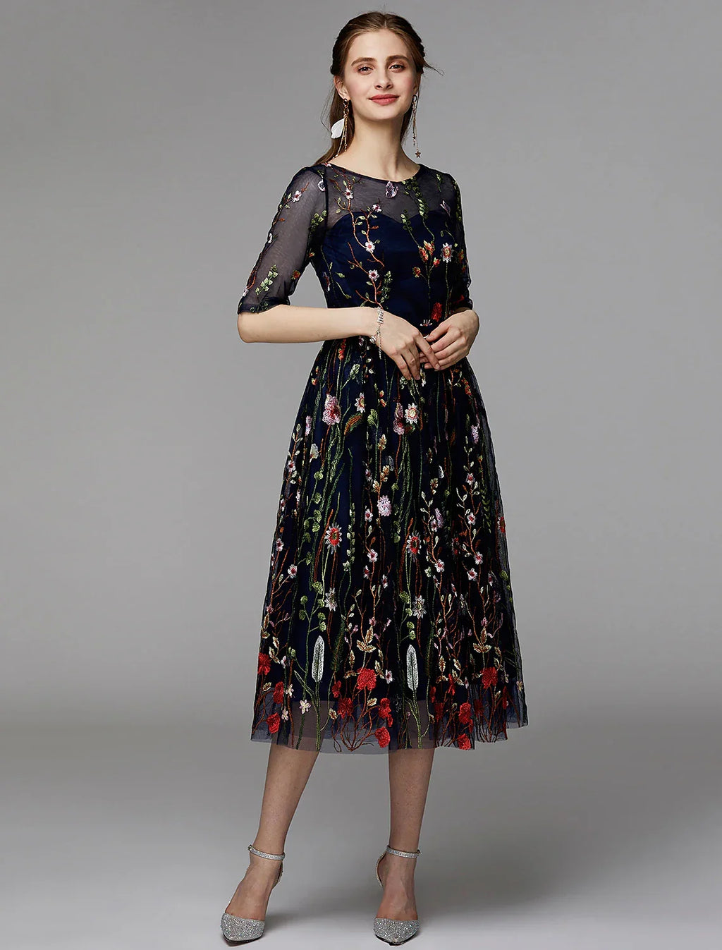 Holiday Tea Length Half Sleeve Illusion Neck Fall Wedding Guest with Embroidery Appliques