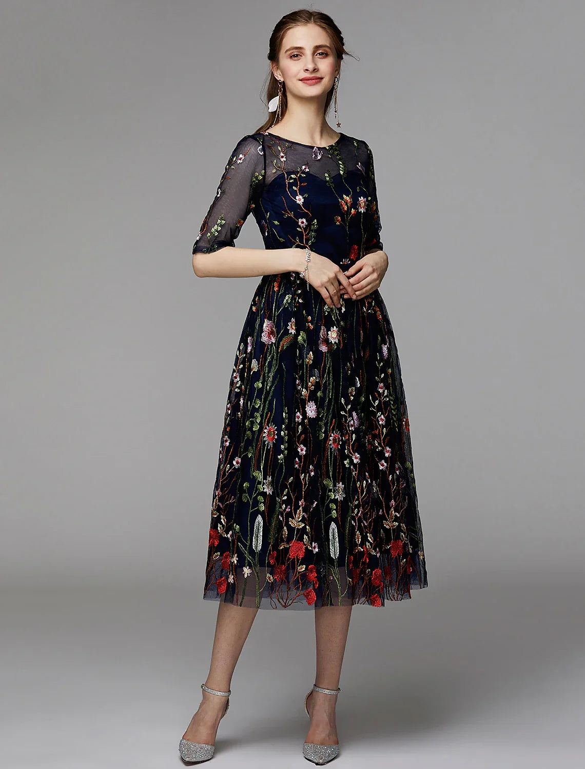 Holiday Tea Length Half Sleeve Illusion Neck Fall Wedding Guest with Embroidery Appliques