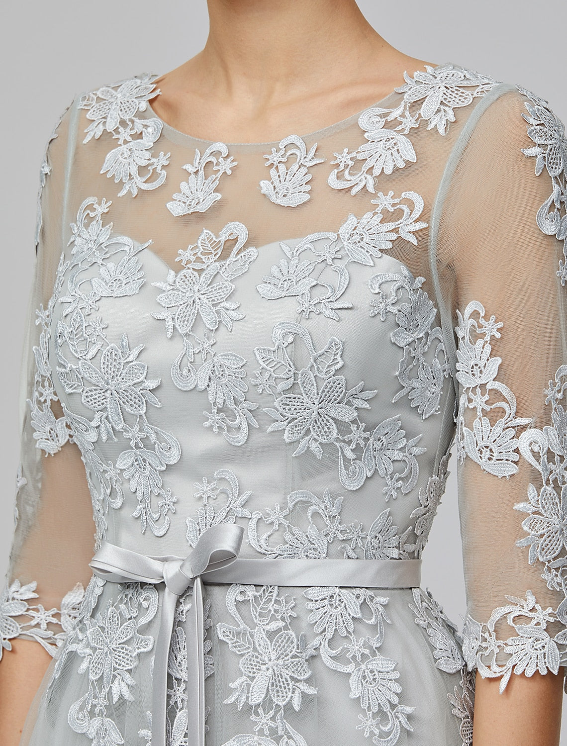 Empire Dress Wedding Guest Prom Floor Length Half Sleeve Illusion Neck with Bow(s) Appliques