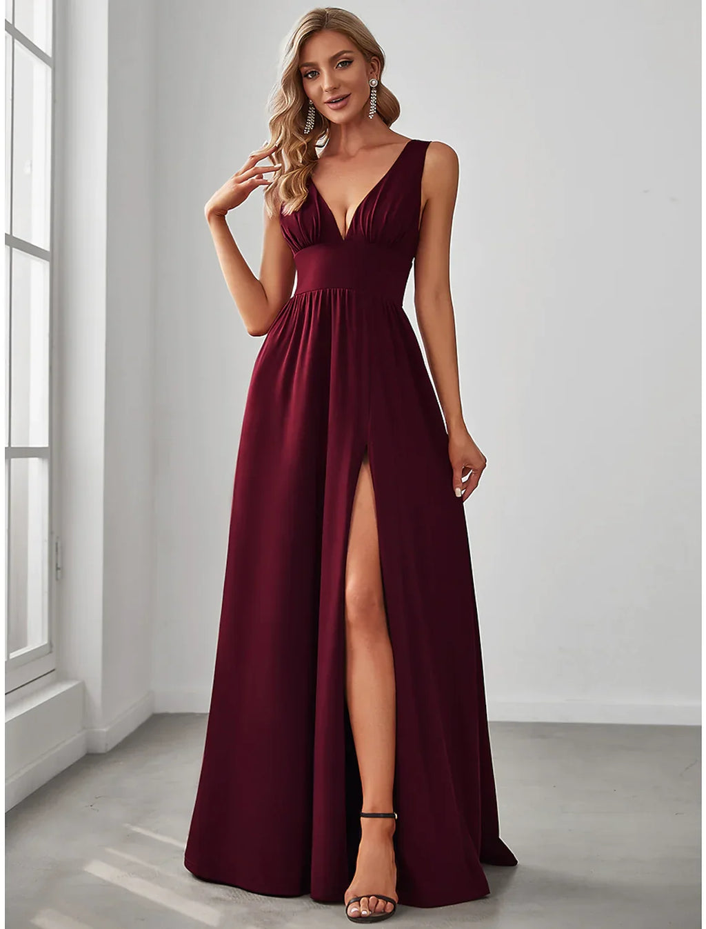 High Split Dress Wedding Guest Floor Length Sleeveless V Neck V Back with Slit
